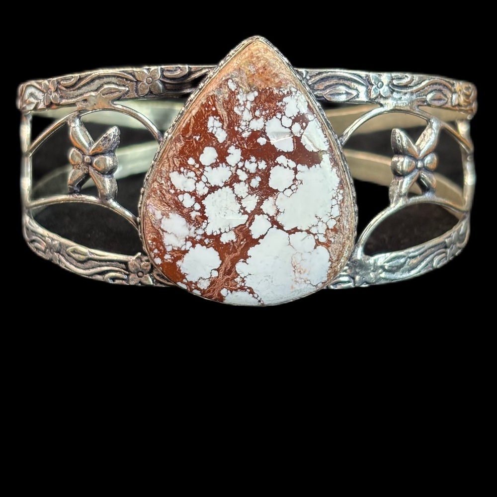 Bohemian Silver Overlay  and Brown Cuff Bracelet with Teardrop Stone